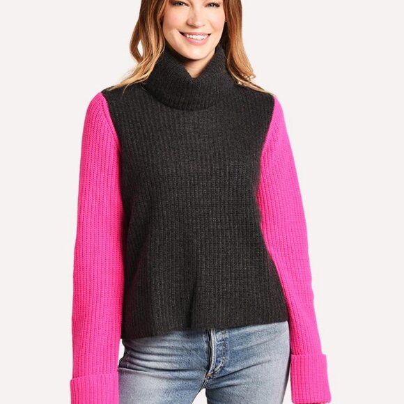 Autumn Cashmere Sweaters - Womens Autumn Cashmere Gray Pink Black Colorblock Shaker Mock Neck Sweater S